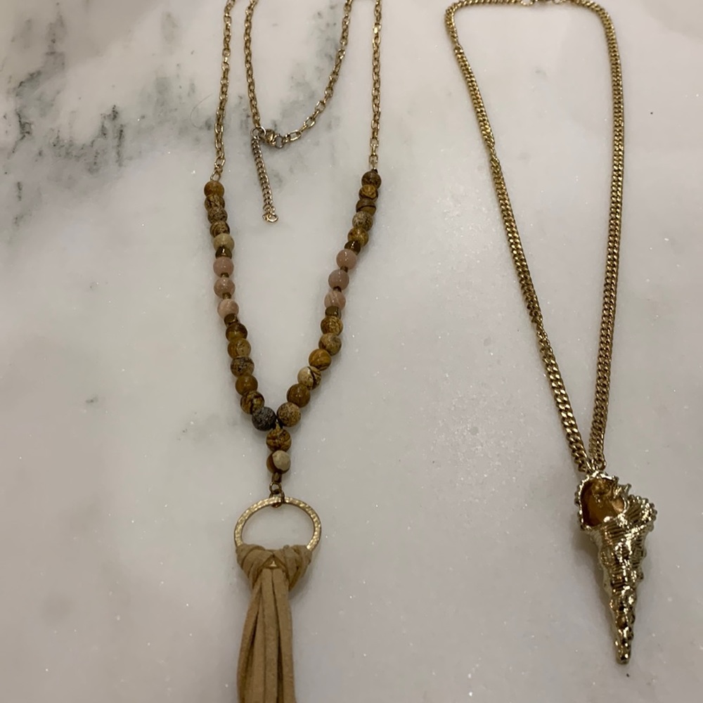 Spiral shell pendant‎ necklace and necklace with tassel and beads